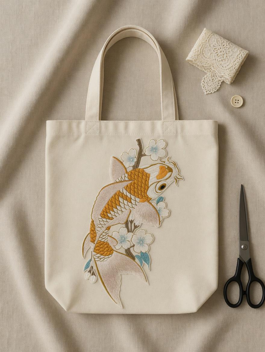 Embroidered Koi Fish Cherry Blossom Tote Bag: Japanese Style Canvas Shoulder Bag