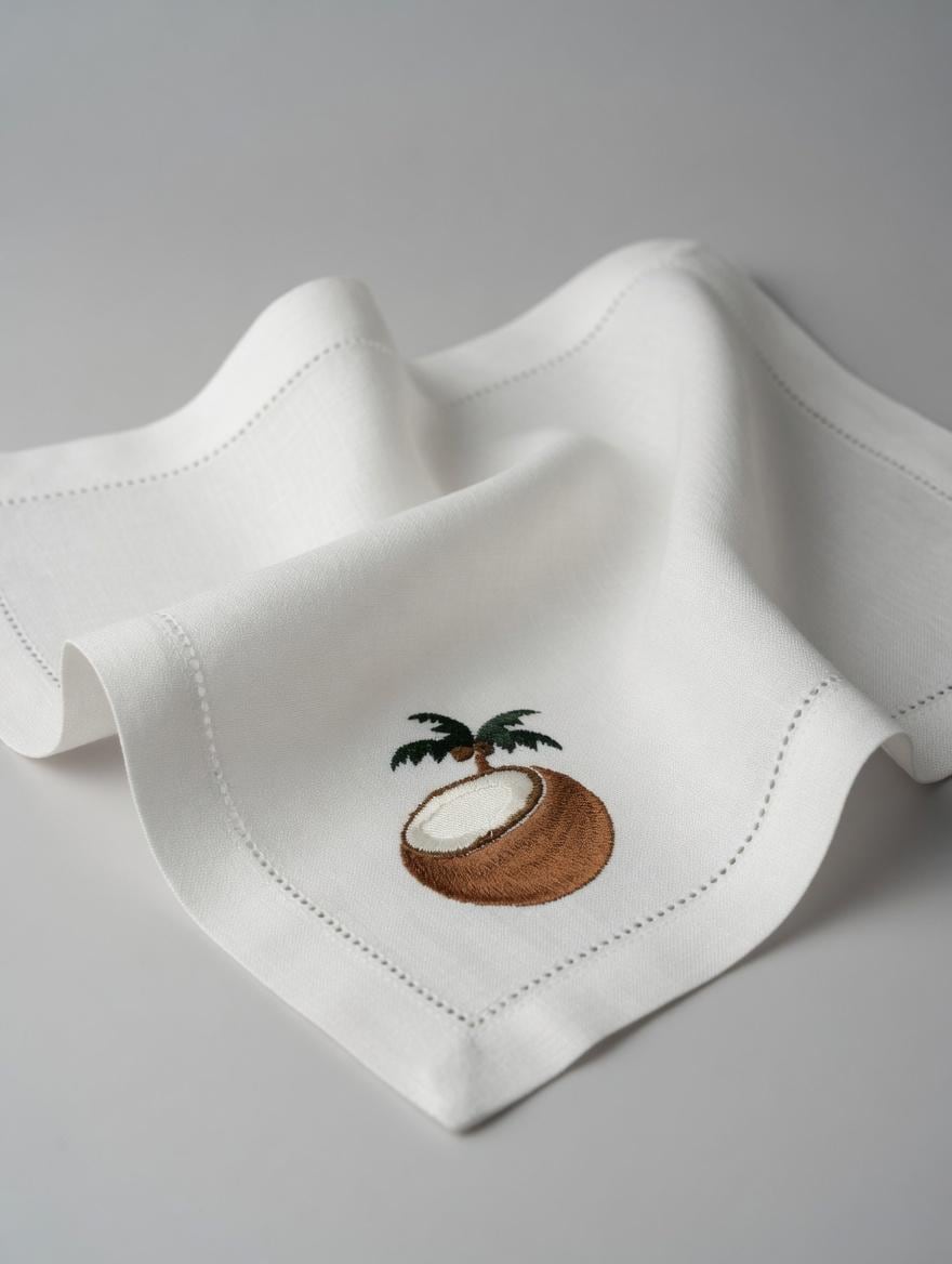 Embroidered Coconut Linen Napkin | Beach Theme Hemstitch Table Decor