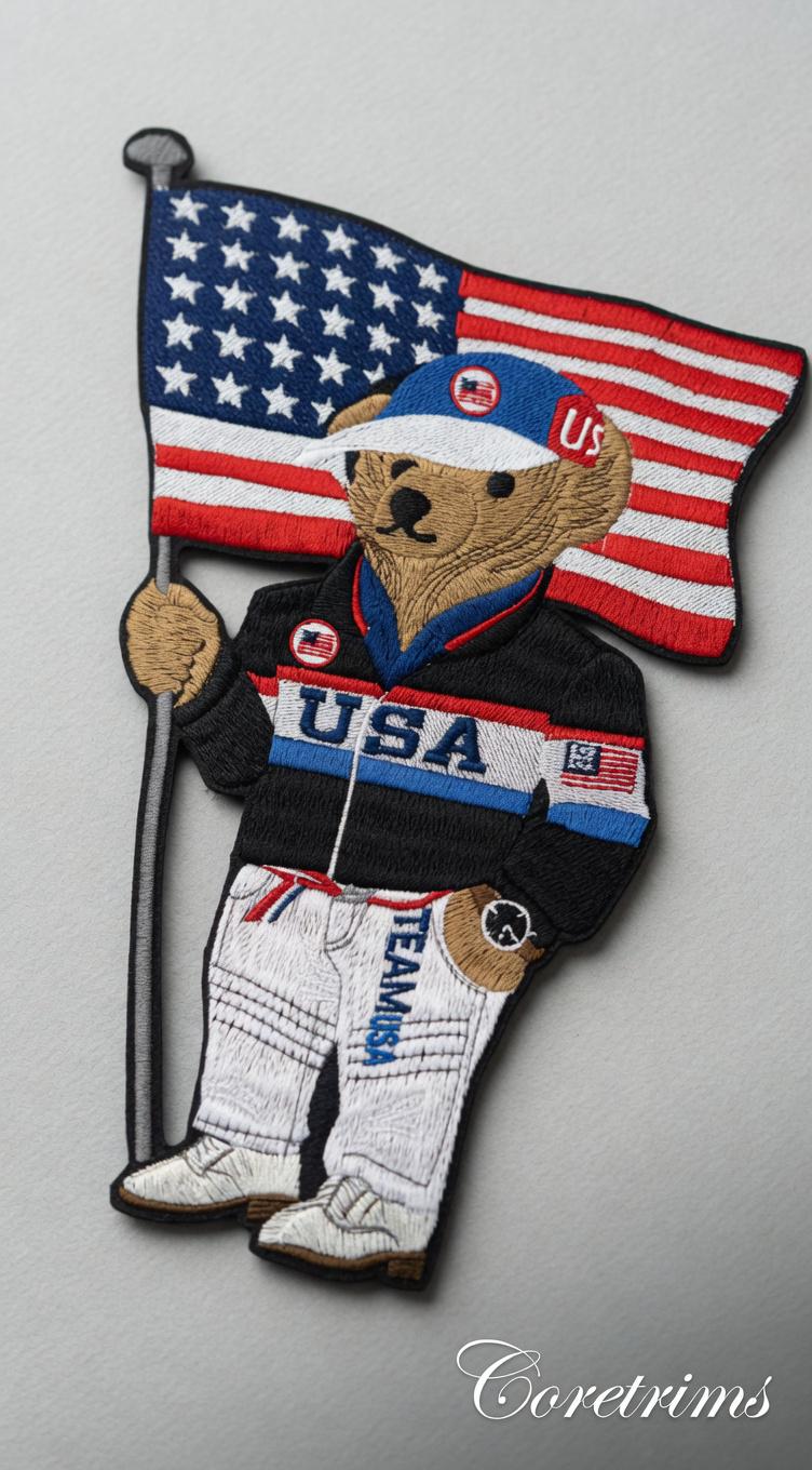 Patriotic USA Ralph Lauren style Bear Embroidered Iron-On Patch – Holding American Flag, Team USA Jacket & Cap
