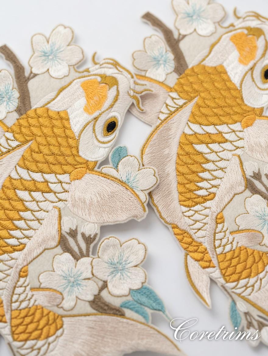 Large Koi Fish Embroidered Patch, Japanese Sakura Iron-On Applique, Red & Gold Koi Carp Sew-On Patch , DIY Embroidery