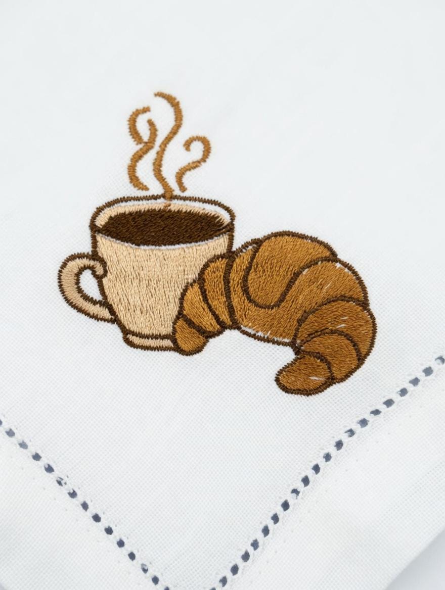 Embroidered Coffee Croissant Linen Napkin | White Hemstitch Table Decor