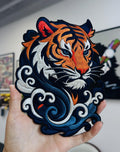 Embroidered Tiger Head Patch – Swirling Clouds Waves, Sew/Iron On Badge
