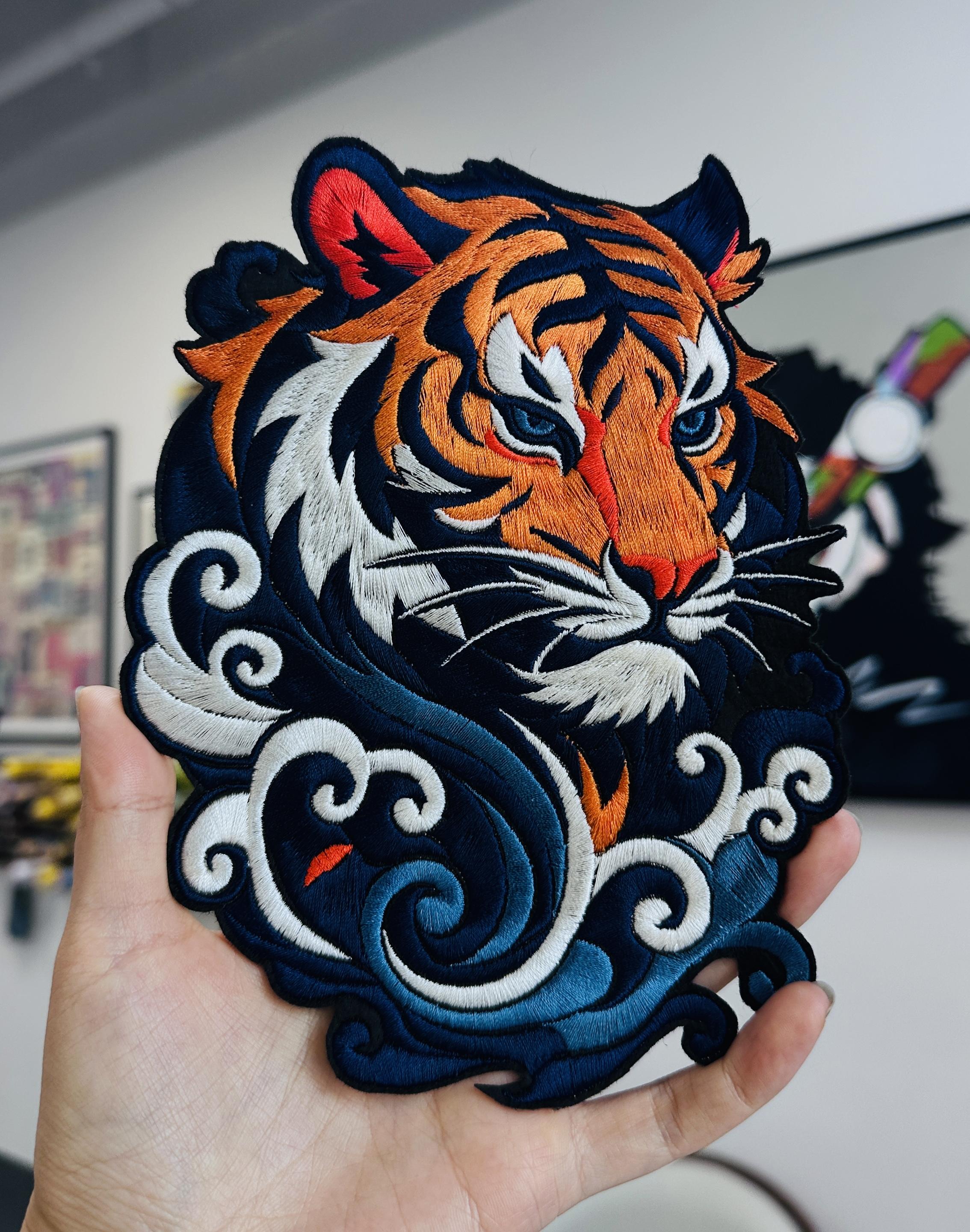 Embroidered Tiger Head Patch – Swirling Clouds Waves, Sew/Iron On Badge