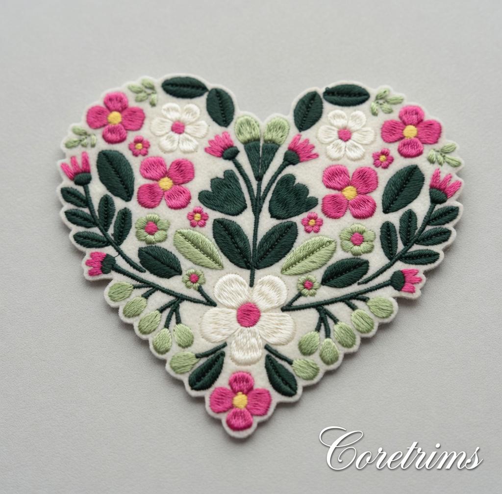 Floral Heart Patch – Hand Embroidered Pink Blossoms Badge (Iron-On)