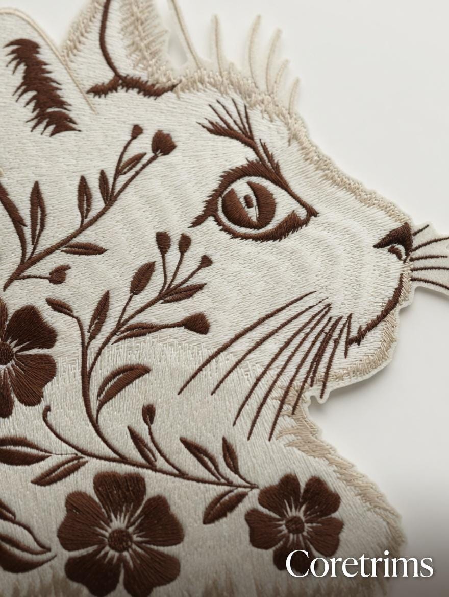 Floral Cat Head Embroidered Patch – Brown Botanical Wildcat Profile Iron-On Appliqué, Cat Lover Gift