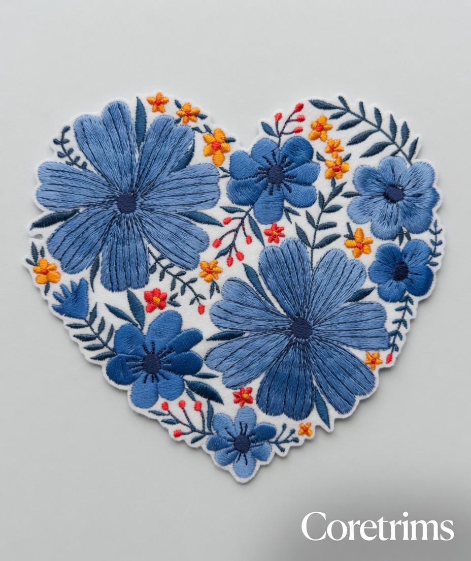Embroidered Floral Heart Patch – Blue Daisy Boho Style Sew/Iron On Badge