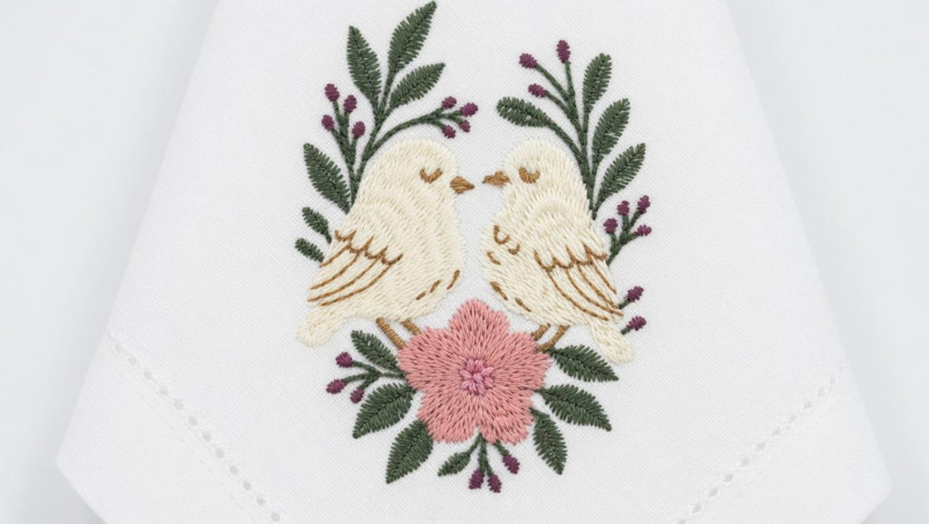 Embroidered Lovebirds Linen Napkin | Wedding Anniversary Couple Gift Set of 2 pcs