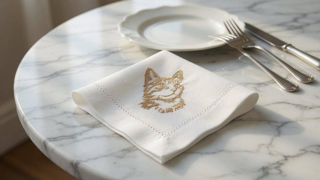 Embroidered Cat Portrait Linen Napkin – Custom Pet Lover Wedding Decor Set of 2 pcs