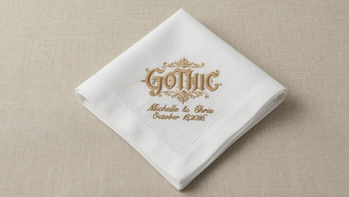 Custom Embroidered Linen Wedding Napkin | Gothic Monogram, Couple Names & Date