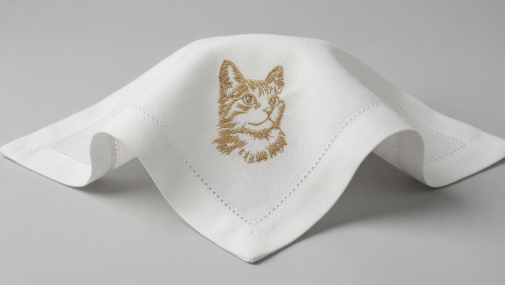 Embroidered Cat Portrait Linen Napkin – Custom Pet Lover Wedding Decor Set of 2 pcs