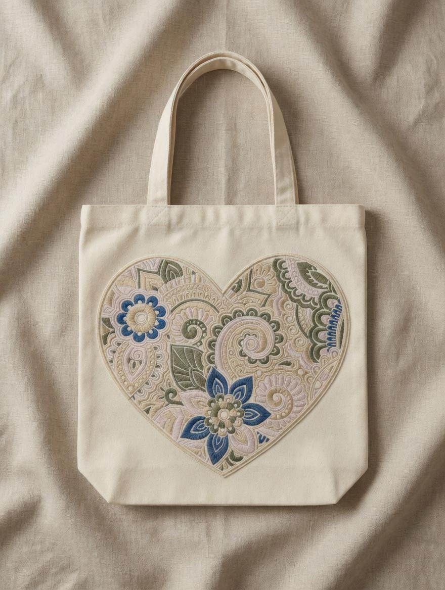 Embroidered Heart Mandala Tote Bag: Bohemian Floral Canvas Shoulder Bag