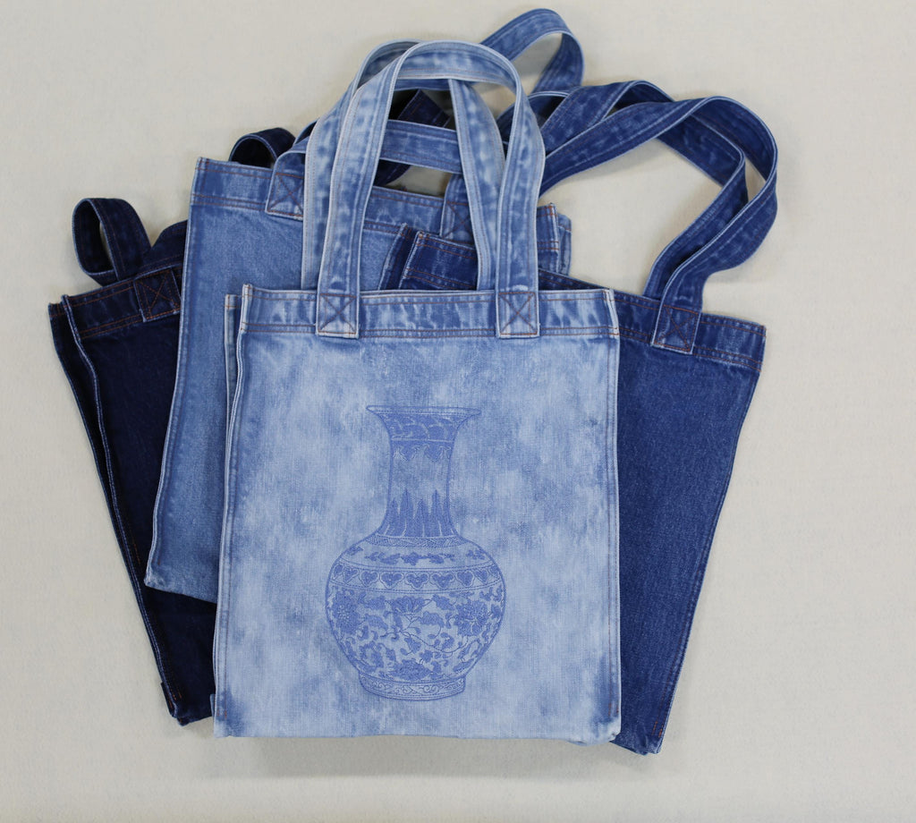 Washed Denim Tote Bag with Chinese Porcelain Embroidery – 100% Cotton Canvas Bag