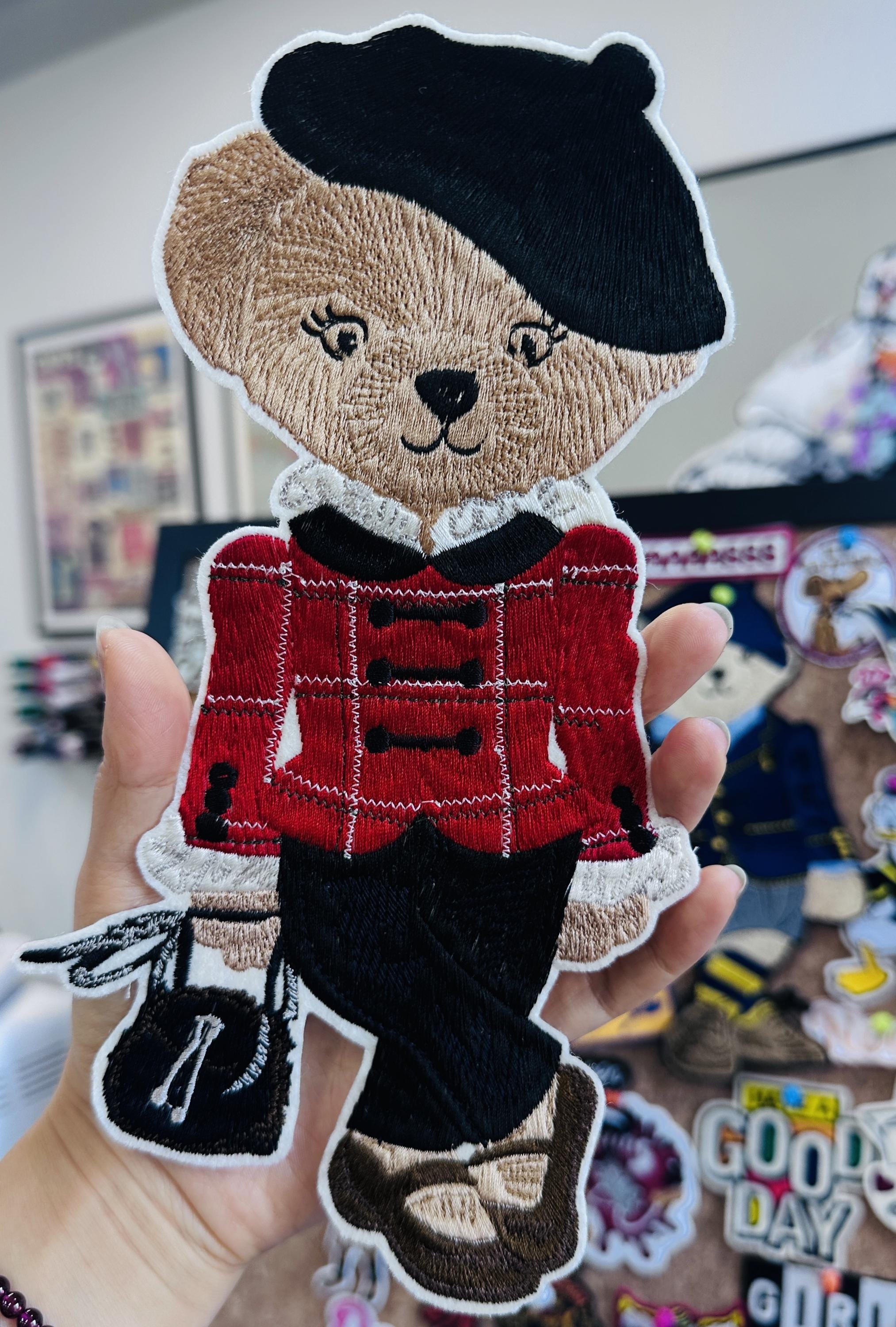 Hand Embroidered Teddy Bear Patch – Red Plaid Coat, Beret (Sew On/Iron On)