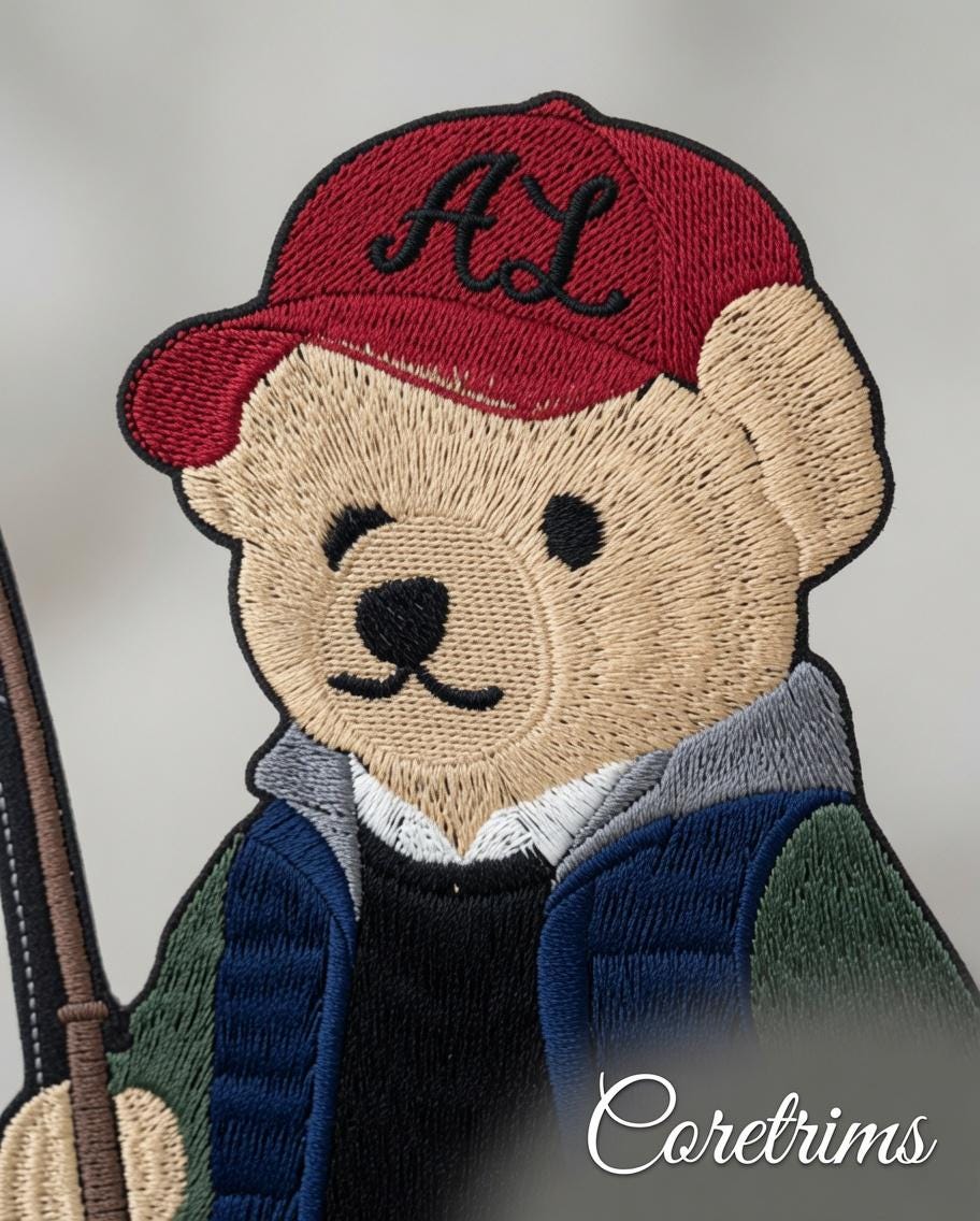PreFishing Palph Lauren style Teddy Bear Patch – Fisherman Bear with Fishing Rod, Red AL Cap Embroidered Iron-On Appliqué