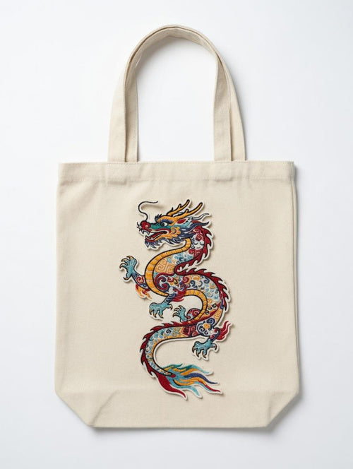 Custom Embroidered Colorful Chinese Dragon Tote Bag Golden Multi-Color Dragon Canvas Bag Traditional Cultural Gift