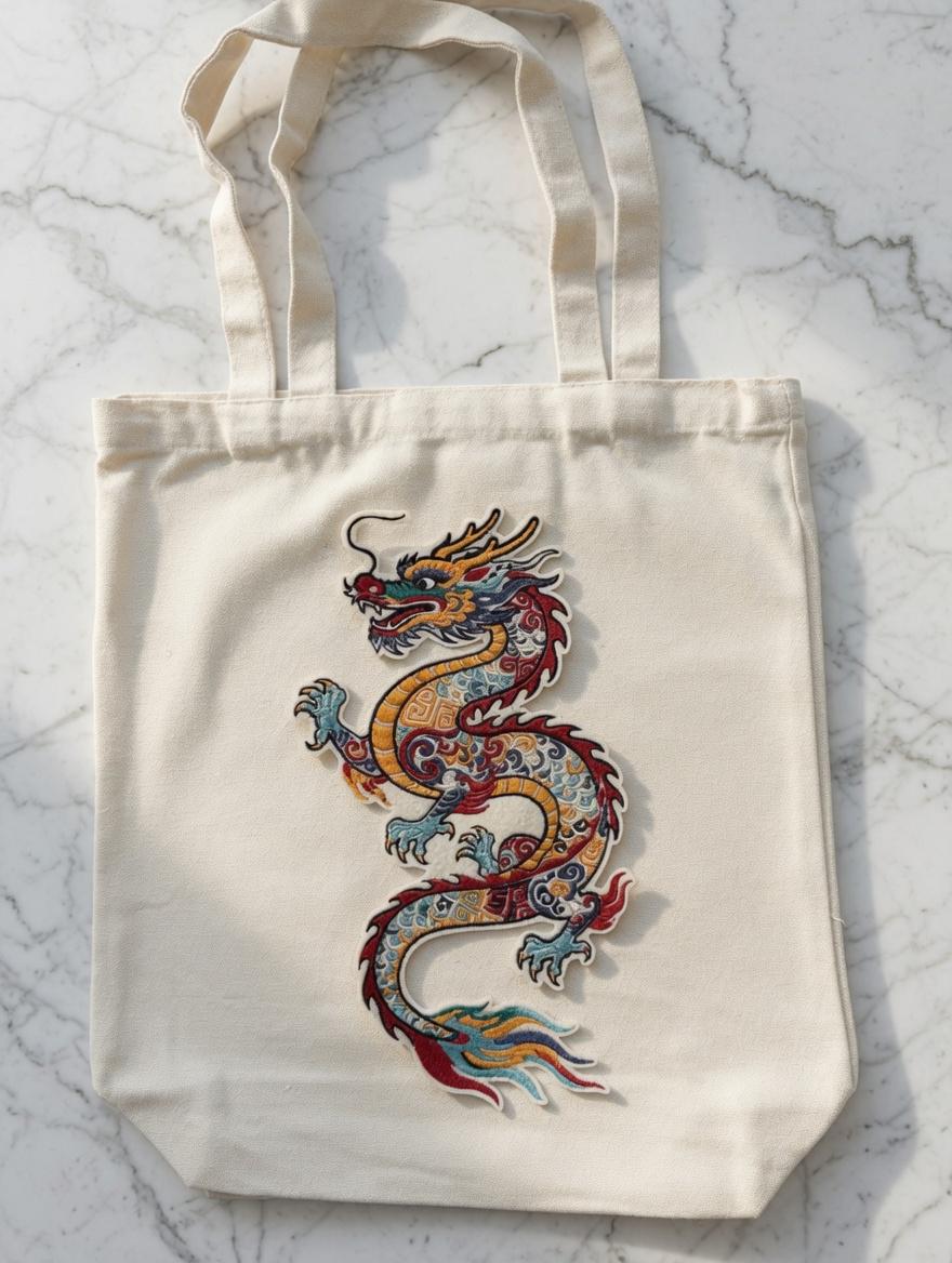Custom Embroidered Colorful Chinese Dragon Tote Bag Golden Multi-Color Dragon Canvas Bag Traditional Cultural Gift