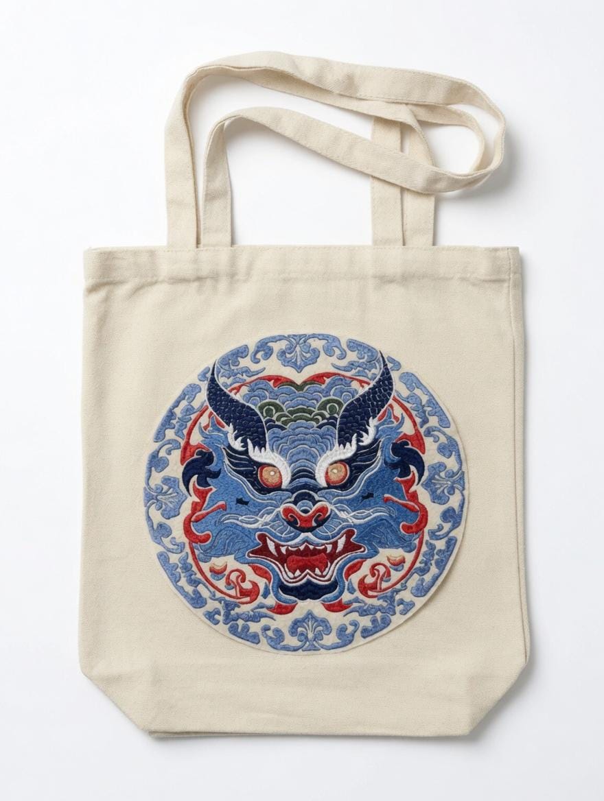Custom Embroidered Circular Chinese Dragon Tote Bag Blue Red Mythical Beast Medallion Canvas Bag Traditional Cultural Gift