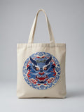 Custom Embroidered Circular Chinese Dragon Tote Bag Blue Red Mythical Beast Medallion Canvas Bag Traditional Cultural Gift