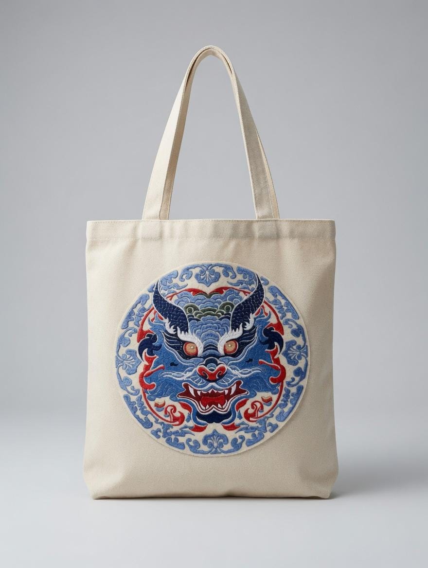 Custom Embroidered Circular Chinese Dragon Tote Bag Blue Red Mythical Beast Medallion Canvas Bag Traditional Cultural Gift