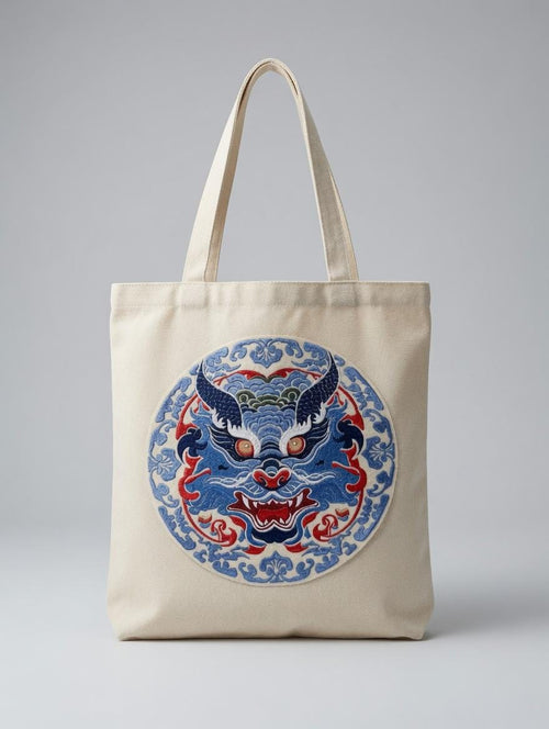 Custom Embroidered Circular Chinese Dragon Tote Bag Blue Red Mythical Beast Medallion Canvas Bag Traditional Cultural Gift