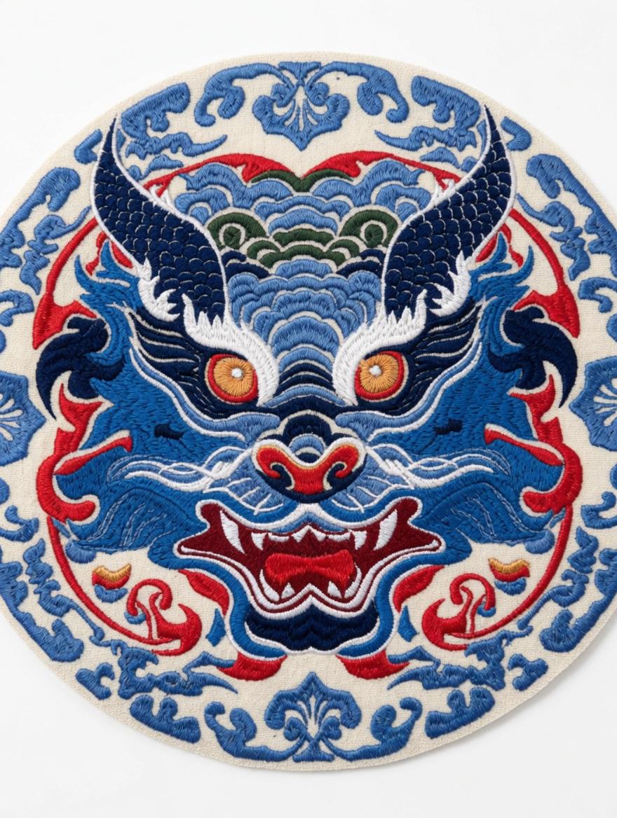 Custom Embroidered Circular Chinese Dragon Tote Bag Blue Red Mythical Beast Medallion Canvas Bag Traditional Cultural Gift