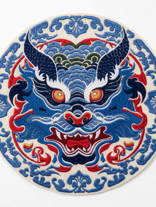 Custom Embroidered Circular Chinese Dragon Tote Bag Blue Red Mythical Beast Medallion Canvas Bag Traditional Cultural Gift