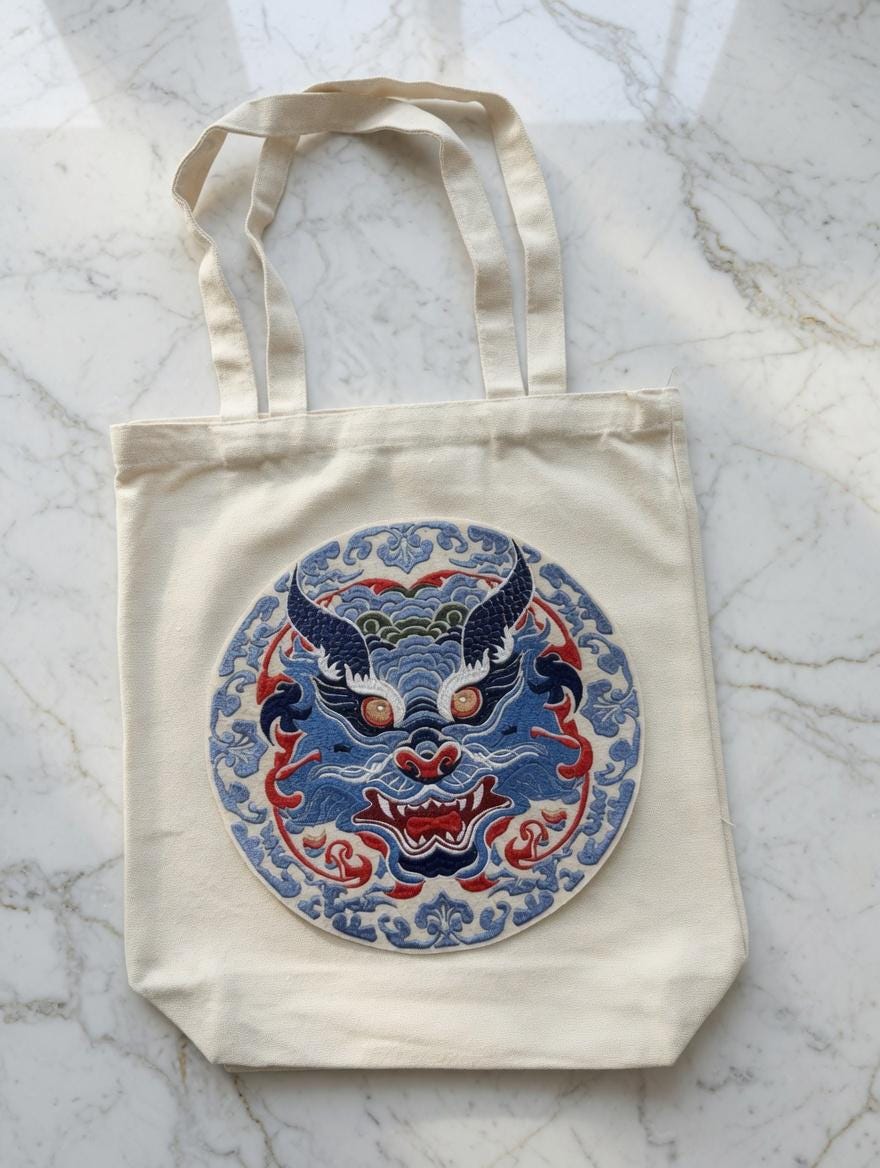 Custom Embroidered Circular Chinese Dragon Tote Bag Blue Red Mythical Beast Medallion Canvas Bag Traditional Cultural Gift