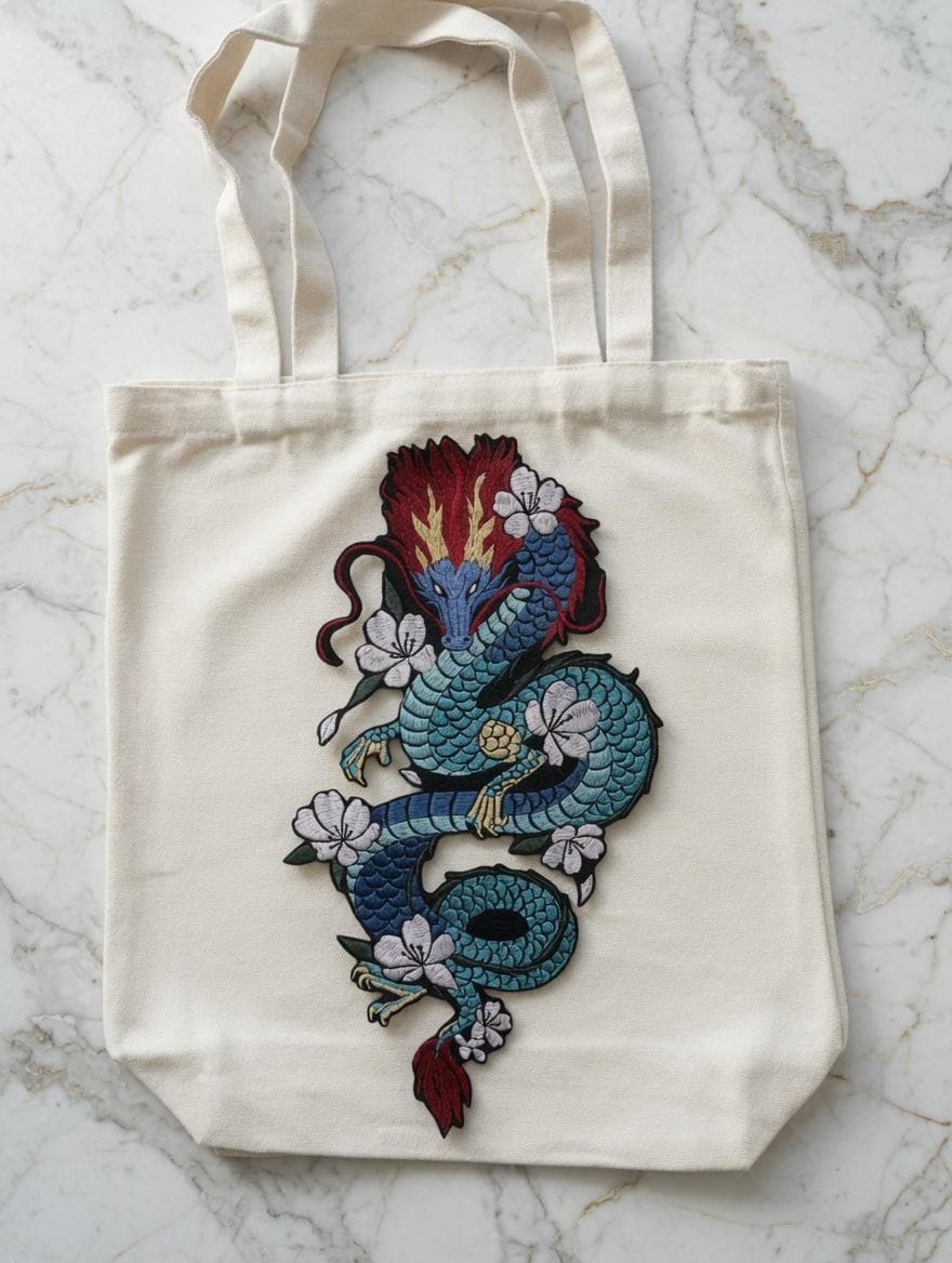 Custom Embroidered Chinese Dragon Tote Bag Blue Dragon Canvas Bag Traditional Floral Dragon Shoulder Bag Cultural Gift