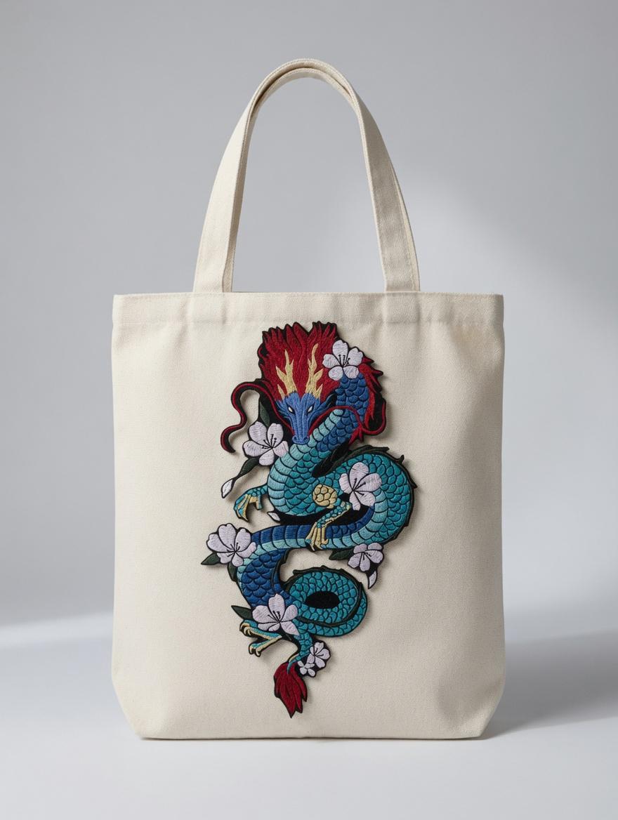 Custom Embroidered Chinese Dragon Tote Bag Blue Dragon Canvas Bag Traditional Floral Dragon Shoulder Bag Cultural Gift