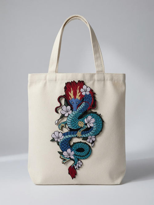 Custom Embroidered Chinese Dragon Tote Bag Blue Dragon Canvas Bag Traditional Floral Dragon Shoulder Bag Cultural Gift