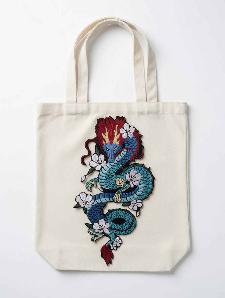 Custom Embroidered Chinese Dragon Tote Bag Blue Dragon Canvas Bag Traditional Floral Dragon Shoulder Bag Cultural Gift
