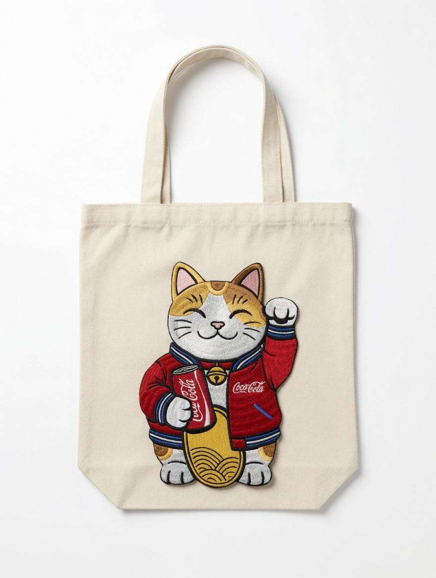 Custom Embroidered Lucky Cat Tote Bag Maneki-neko Coca-Cola Canvas Bag Fortune Cat Shoulder Bag Gift