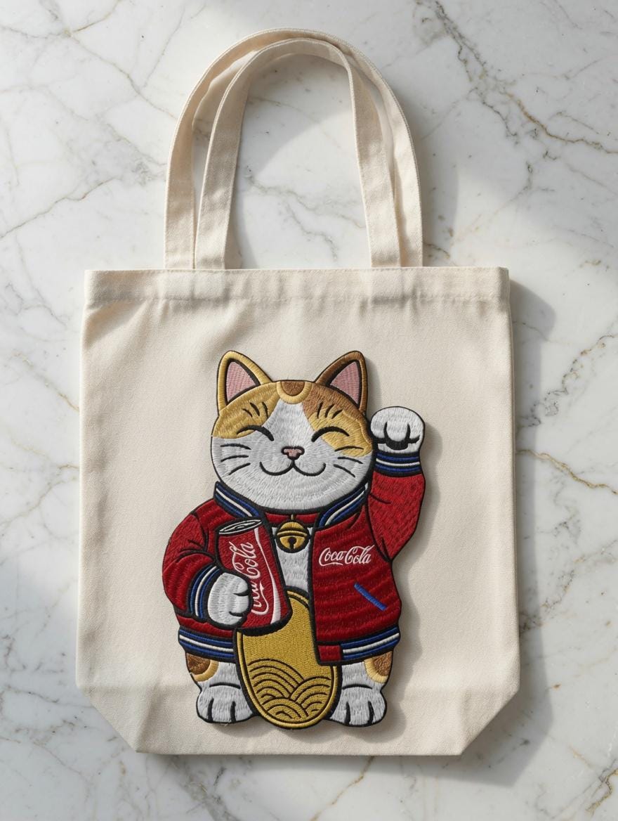 Custom Embroidered Lucky Cat Tote Bag Maneki-neko Coca-Cola Canvas Bag Fortune Cat Shoulder Bag Gift