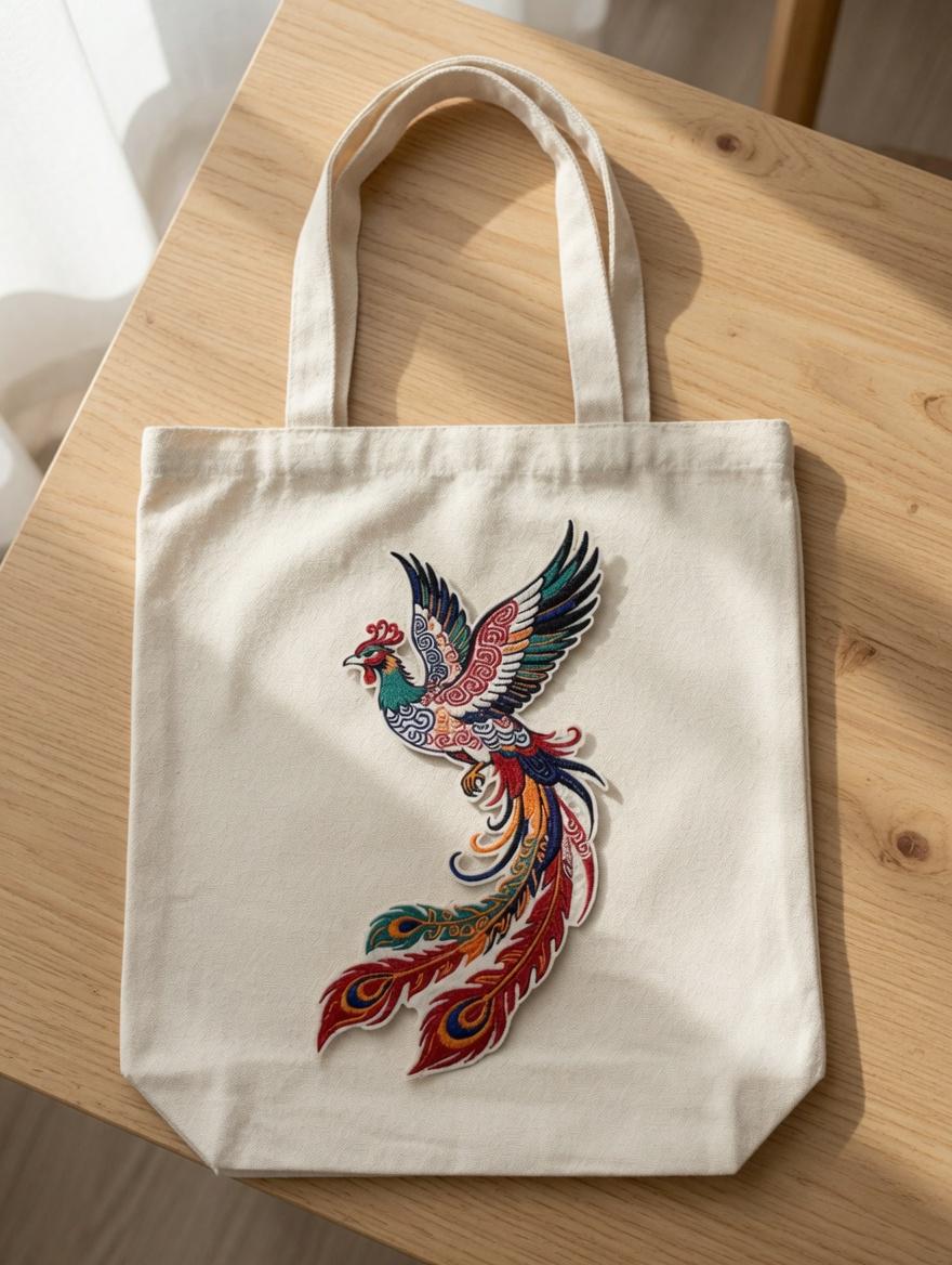 Custom Embroidered Colorful Phoenix Tote Bag Multi-Color Fenghuang Canvas Bag Traditional Mythical Bird Cultural Gift