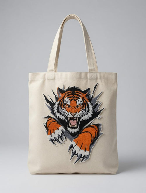 Custom Embroidered Fierce Tiger Tote Bag Ripped Tiger Canvas Bag Powerful Tiger Head Shoulder Bag Strength Gift