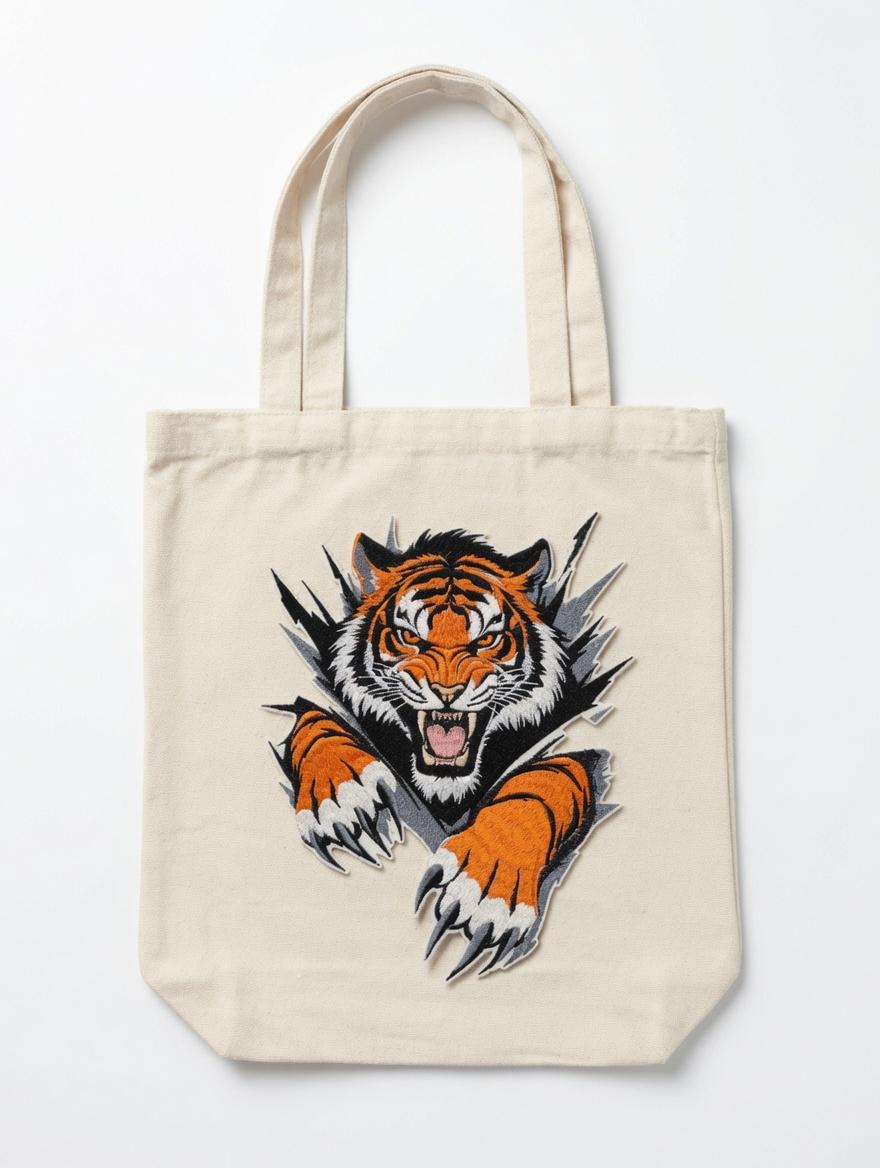 Custom Embroidered Fierce Tiger Tote Bag Ripped Tiger Canvas Bag Powerful Tiger Head Shoulder Bag Strength Gift
