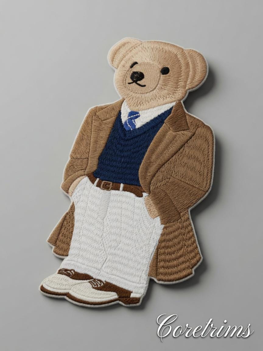 Preppy Teddy Bear Patch – Blazer Sweater Vest White Pants Embroidered Iron-On Appliqué, Classic Gentleman Bear