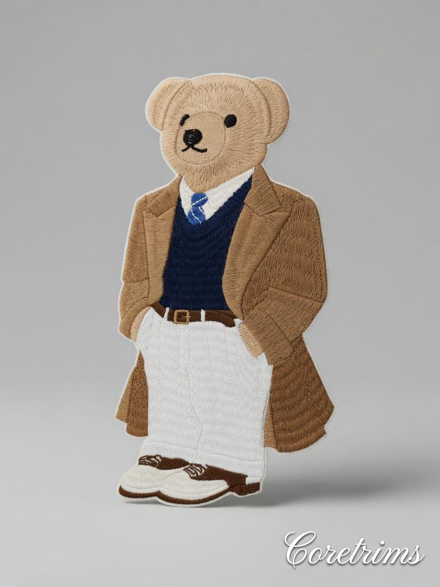 Preppy Teddy Bear Patch – Blazer Sweater Vest White Pants Embroidered Iron-On Appliqué, Classic Gentleman Bear