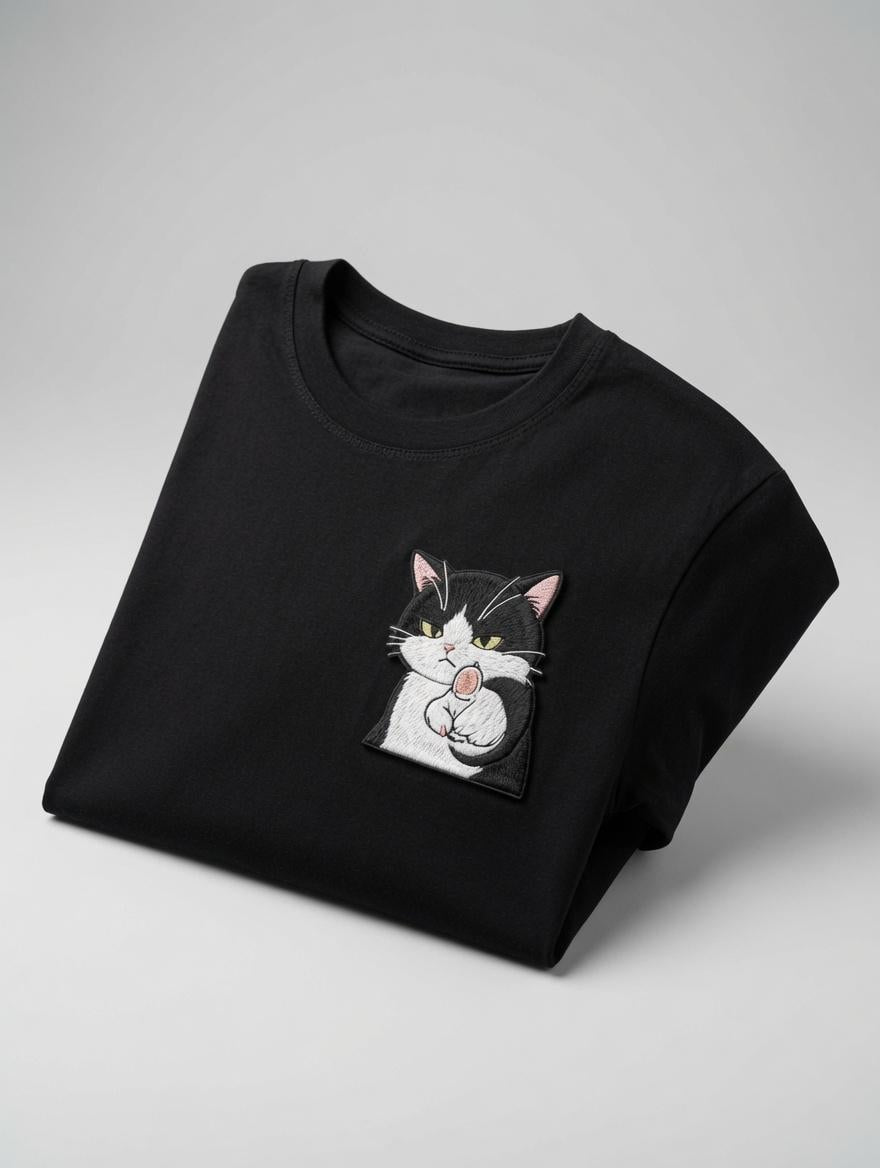 Custom Embroidered Cat Black T-Shirt Sassy Black White Cat Pocket Tee Funny Graphic Shirt Gift Made to Order