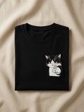 Custom Embroidered Cat Black T-Shirt Sassy Black White Cat Pocket Tee Funny Graphic Shirt Gift Made to Order
