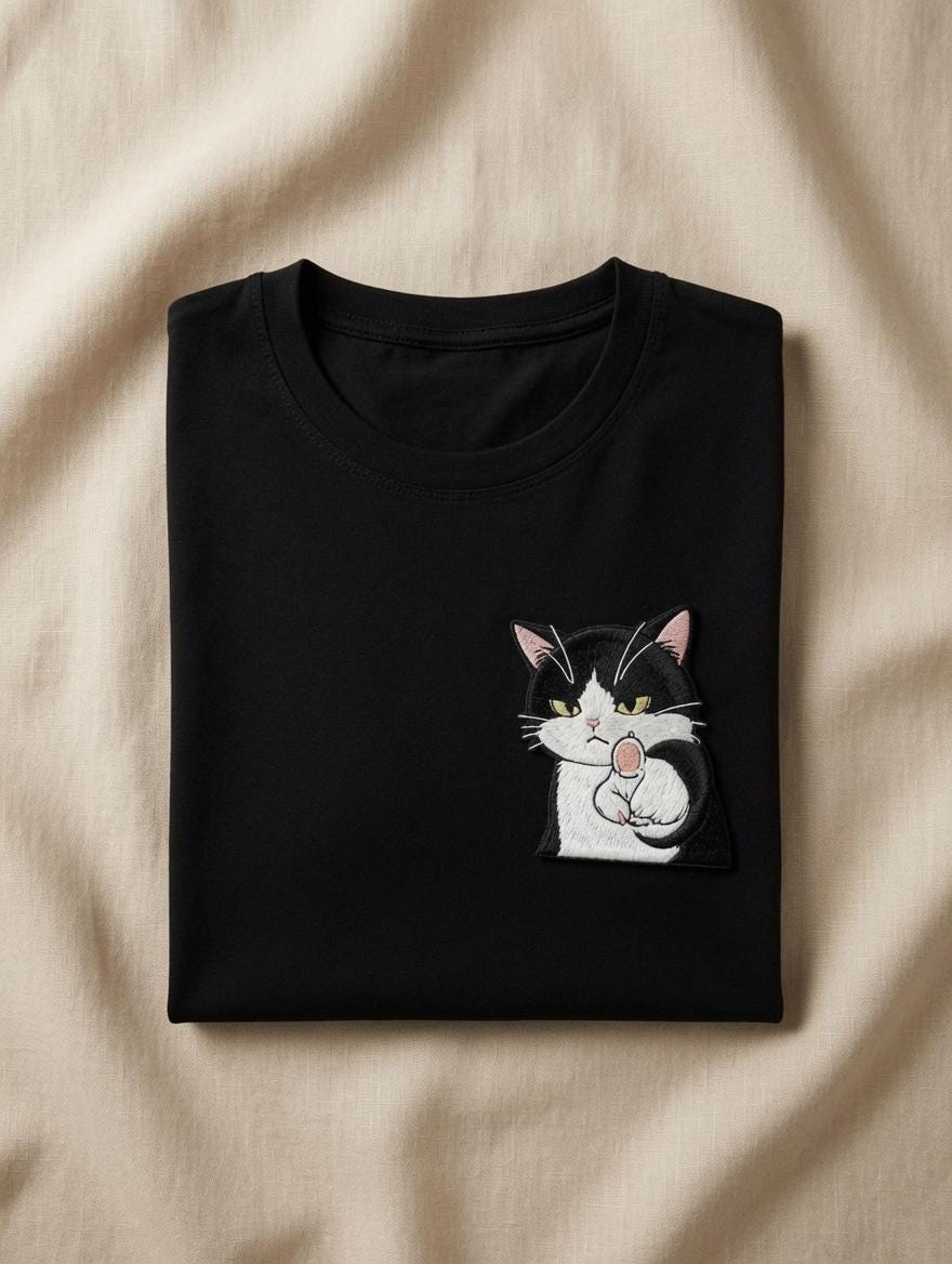 Custom Embroidered Cat Black T-Shirt Sassy Black White Cat Pocket Tee Funny Graphic Shirt Gift Made to Order