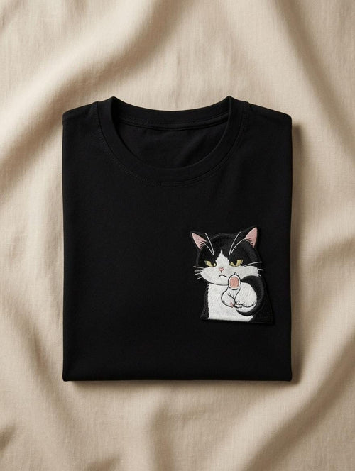 Custom Embroidered Cat Black T-Shirt Sassy Black White Cat Pocket Tee Funny Graphic Shirt Gift Made to Order