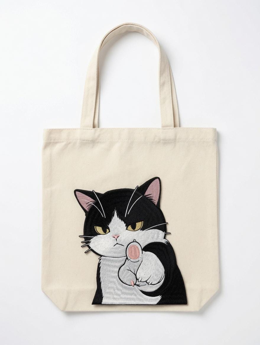Custom Embroidered  Cat Tote Bag Sassy Black White Cat Canvas Bag Funny Gesture Gift Made to Order