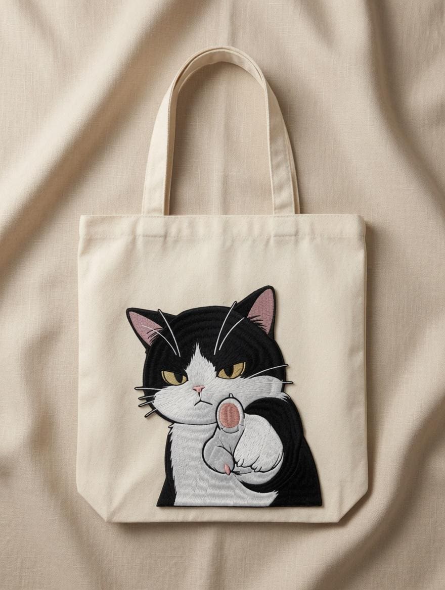 Custom Embroidered  Cat Tote Bag Sassy Black White Cat Canvas Bag Funny Gesture Gift Made to Order