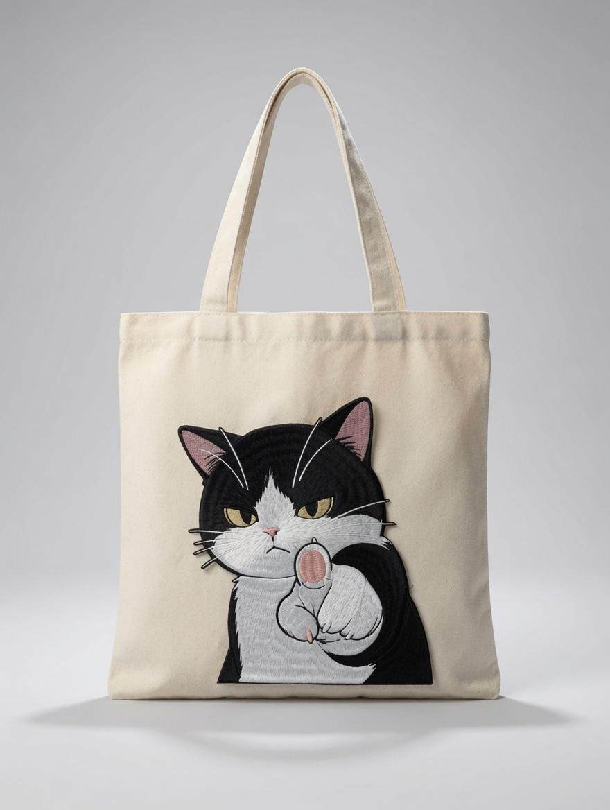 Custom Embroidered  Cat Tote Bag Sassy Black White Cat Canvas Bag Funny Gesture Gift Made to Order