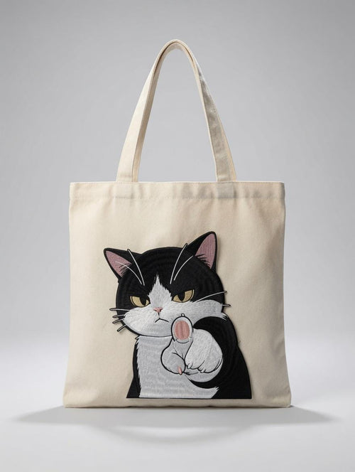 Custom Embroidered  Cat Tote Bag Sassy Black White Cat Canvas Bag Funny Gesture Gift Made to Order
