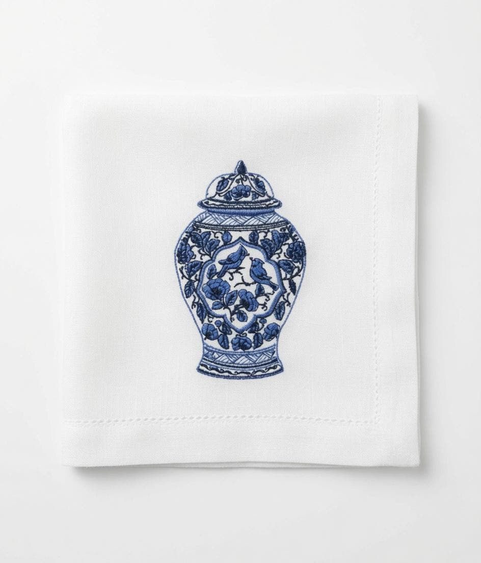 Set of 2 pcs Custom Embroidered Blue Ginger Jar Napkin Chinoiserie Porcelain Vase with Birds Floral Cloth Handkerchief Gift Made to Order