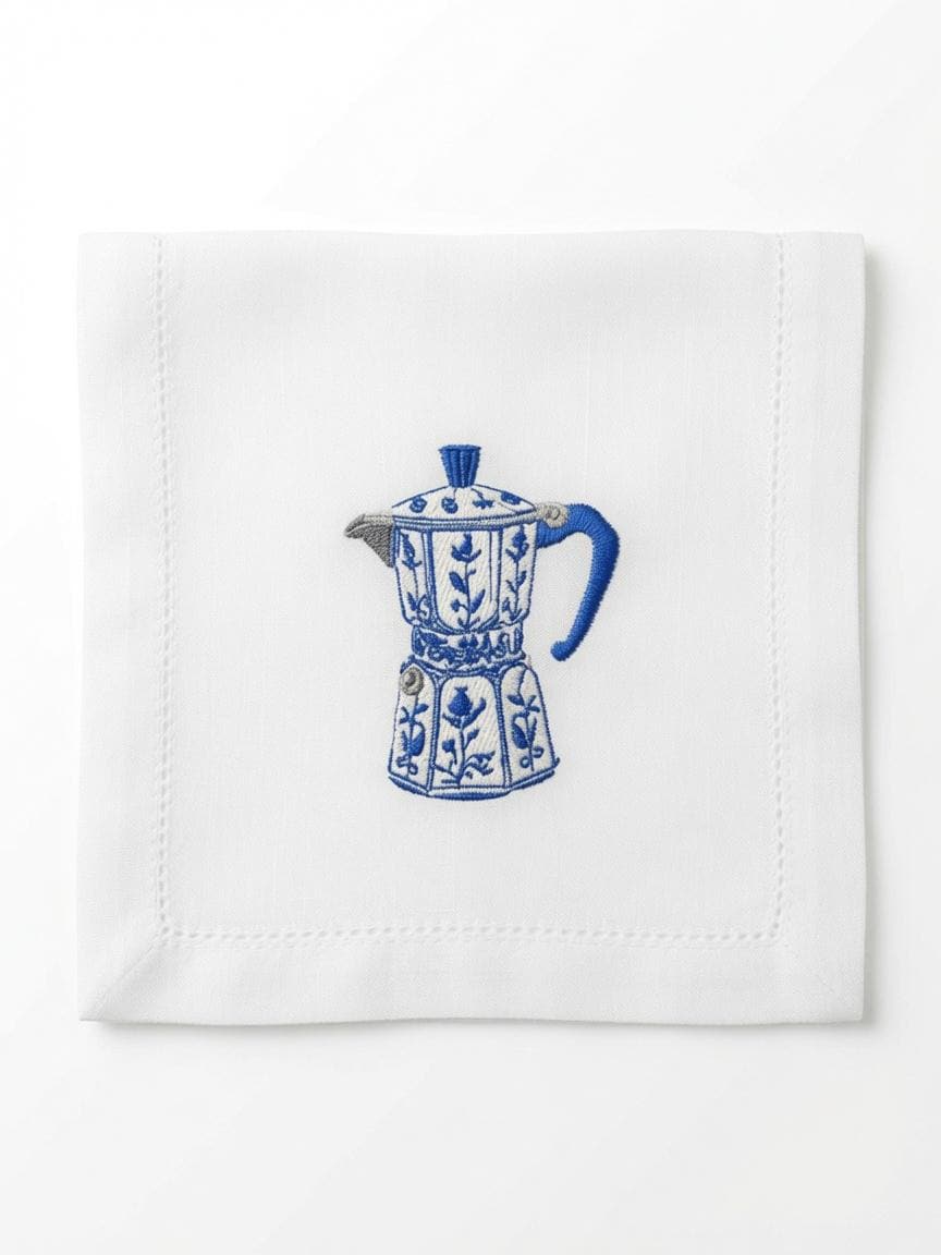Set of 2 pcs Custom Embroidered Moka Pot Napkin Blue Vintage Coffee Maker Cloth Handkerchief Italian Coffee Gift Made to Order