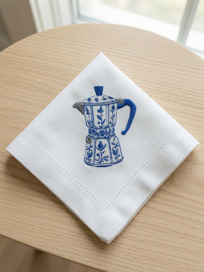 Set of 2 pcs Custom Embroidered Moka Pot Napkin Blue Vintage Coffee Maker Cloth Handkerchief Italian Coffee Gift Made to Order