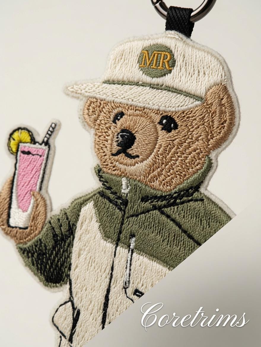 Cool Teddy Bear Keychain – Drink & Cap Embroidered Bag Charm Keyring, Summer Vibes Bear